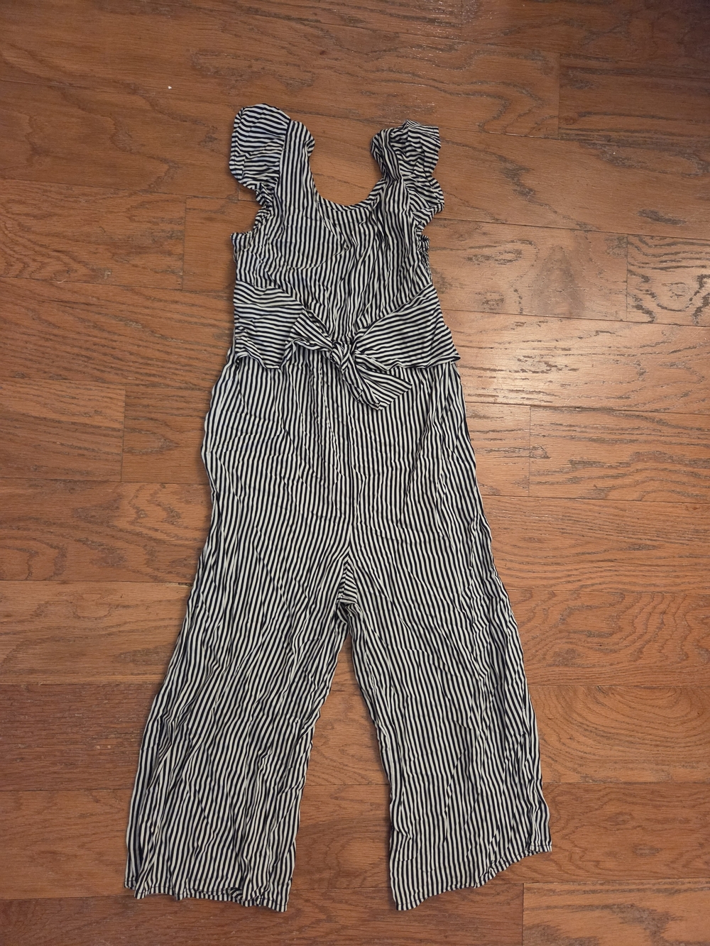 Striped Black & White Girls Jumpsuit with Tie Front